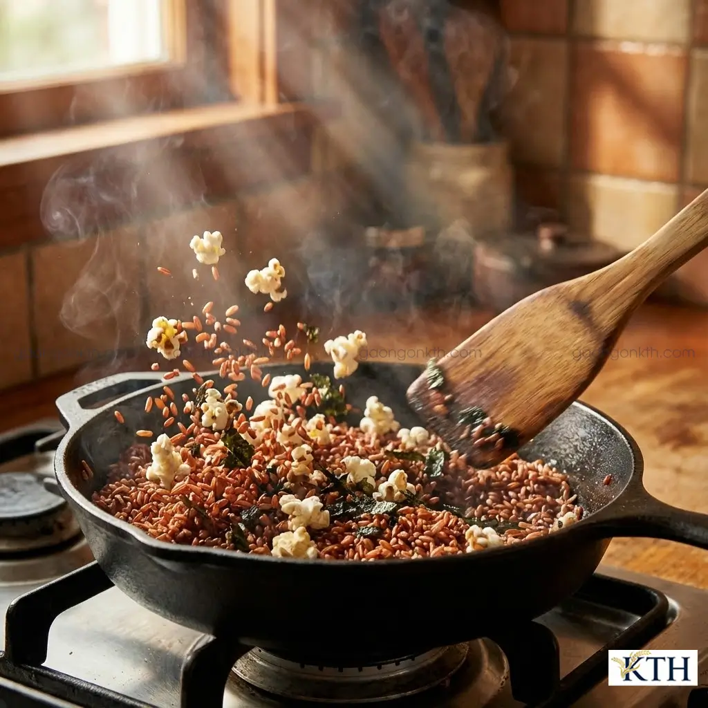 Cách rang gạo lứt sấy rong biển bằng chảo chống dính tại nhà giúp hạt gạo nở bung giòn tan.