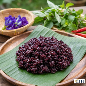 Đĩa cơm gạo nương tím nấu chín dẻo thơm, hạt gạo bóng mẩy được trình bày đẹp mắt trên lá chuối.