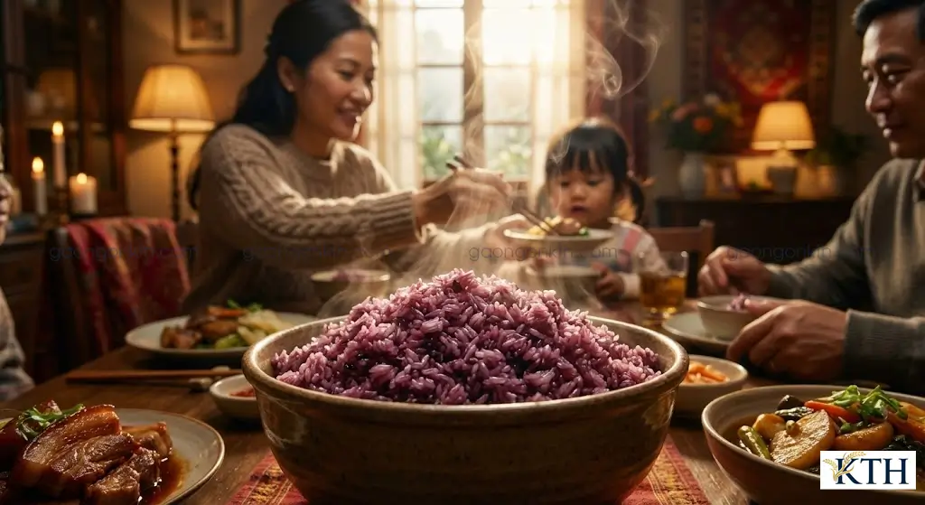 Bát cơm gạo nương tím nấu chín dẻo thơm, bốc khói nghi ngút trên mâm cơm gia đình Việt.