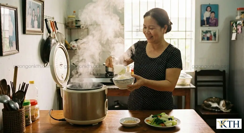 Bát cơm gạo Séng Cù nóng hổi, thơm lừng vừa được nấu chín đúng chuẩn, giữ nguyên lớp cám dinh dưỡng.