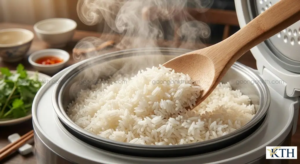 Cơm gạo tám thái nấu chín hạt dẻo thơm bóng mượt trong nồi cơm điện.