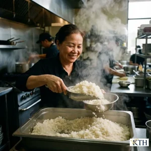 Đầu bếp đang xới cơm tấm Hàm Châu nấu bằng tủ cơm công nghiệp, hạt cơm nở xốp, lợi cơm, không dính khay.