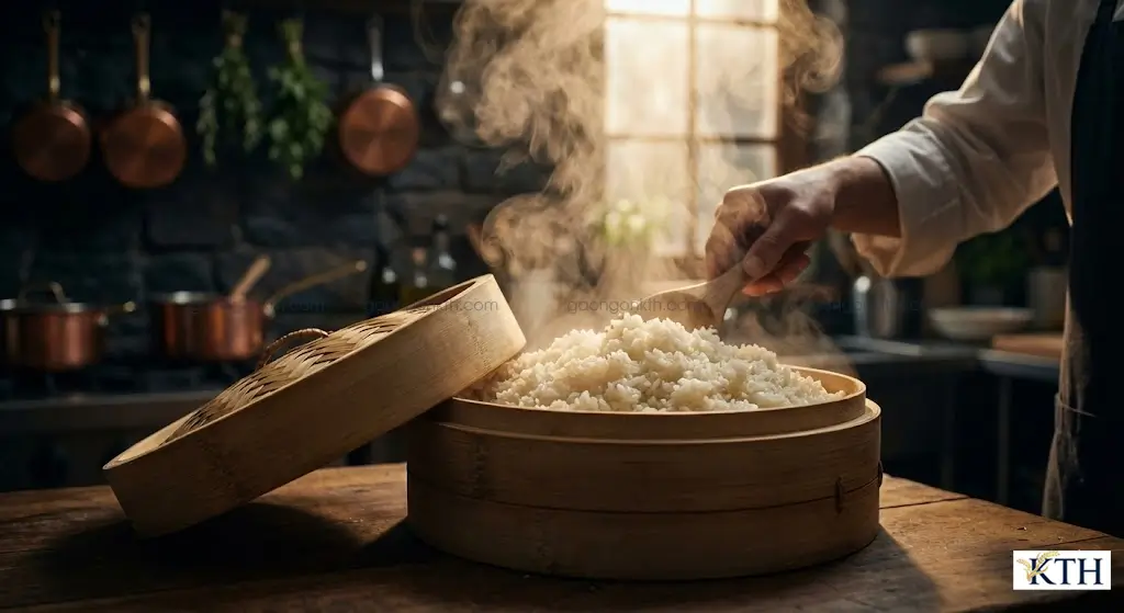 Kỹ thuật hấp thủy nhiệt giúp Gạo Tấm Đài Loan chín đều, dẻo thơm cho quán Cơm Tấm Sài Gòn.