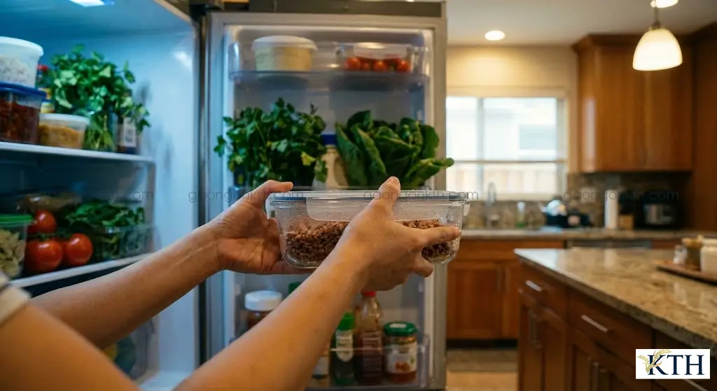 Phương pháp bảo quản cơm gạo lứt trong ngăn mát tủ lạnh 12 tiếng để tạo tinh bột kháng, giúp giảm chỉ số đường huyết khi ăn.