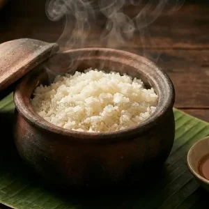 Cơm gạo bắc hương nấu niêu đất dẻo thơm ăn kèm nước mắm ớt chuẩn vị cơm quê.