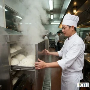 Quy trình nấu gạo Hàm Châu bằng tủ hấp cơm công nghiệp giúp cơm nở nhiều và lợi cơm.