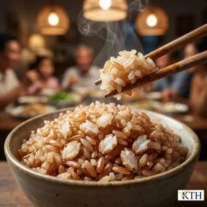 Cơm gạo lứt ST25 nấu chín nở bung mềm dẻo không cần ngâm lâu.