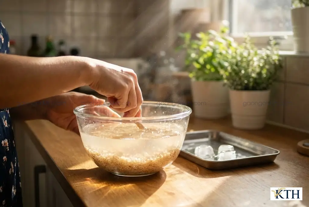 Hướng dẫn cách ngâm gạo lứt trắng với nước ấm và mẹo dùng đá lạnh để nấu cơm mềm dẻo bất bại.