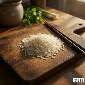 Gạo trắng OM18 chất lượng cao của Gạo Ngon KTH và đôi đũa tre đặt trên thớt gỗ sồi trong không gian bếp ấm cúng chuẩn bị nấu cơm.