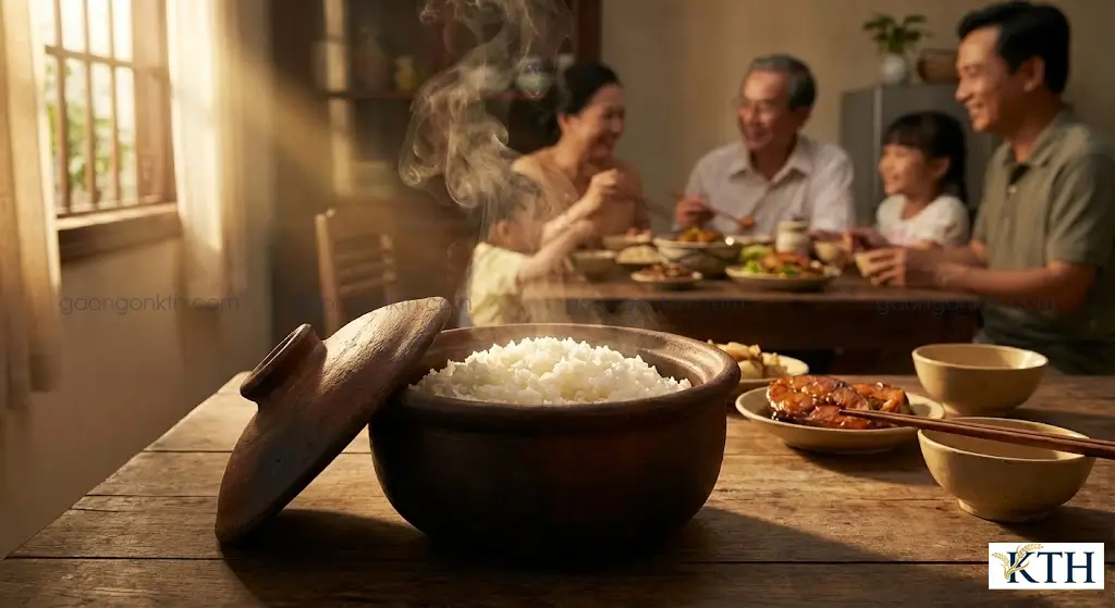 Cơm nấu từ gạo ST25 chín đều, dẻo thơm trong niêu đất, hạt cơm bóng mẩy và nguyên hạt.