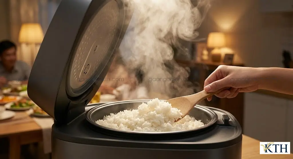 Nồi cơm điện nấu gạo Thơm Mỹ vừa chín tới, hạt cơm nở xốp trắng ngần và tỏa khói nghi ngút.