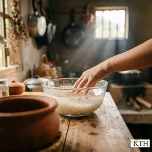 Quy trình ngâm gạo DT8 trong bát thủy tinh trước khi nấu cơm niêu để hạt cơm nở đều và dẻo ngon hơn.