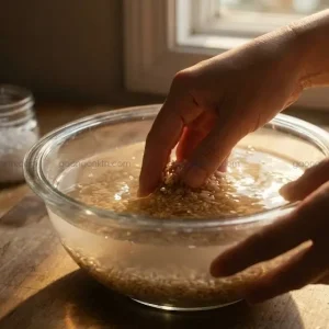 Ngâm gạo lứt nâu trong nước ấm từ 8 đến 12 tiếng để kích hoạt mầm GABA và giúp cơm mềm.