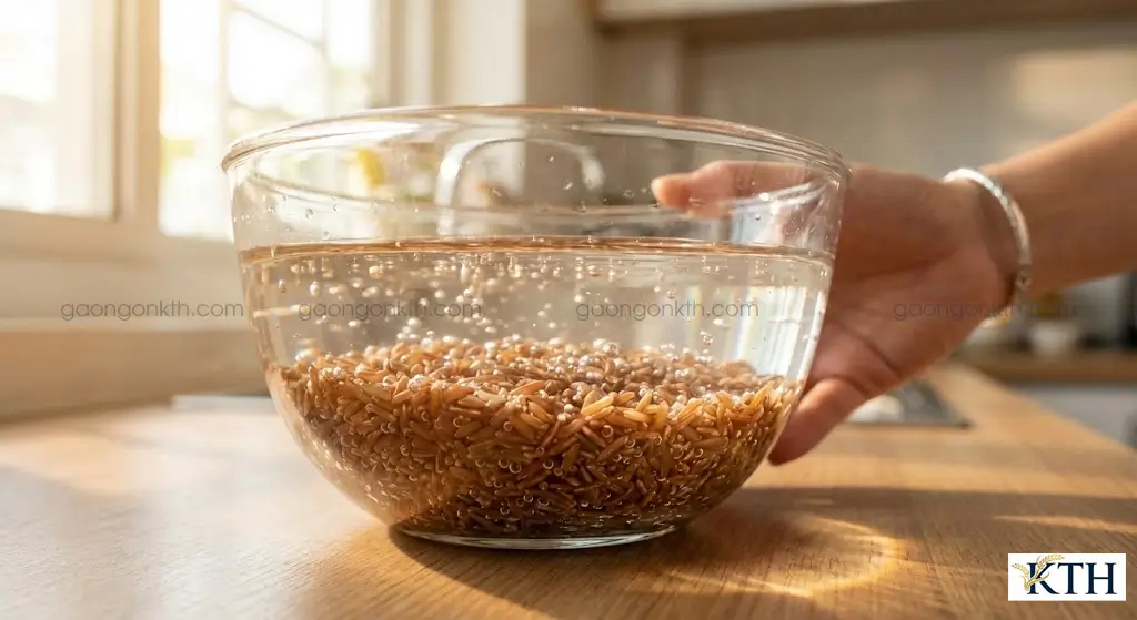 Ngâm gạo lứt trong nước để loại bỏ Axit Phytic và giúp cơm mềm dẻo.