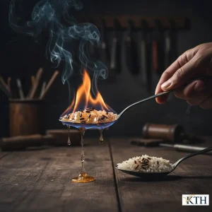 Cận cảnh cách phân biệt gạo giả bằng lửa: hạt gạo nhựa cháy bùng và chảy nhỏ giọt so với gạo thật chỉ than hóa.