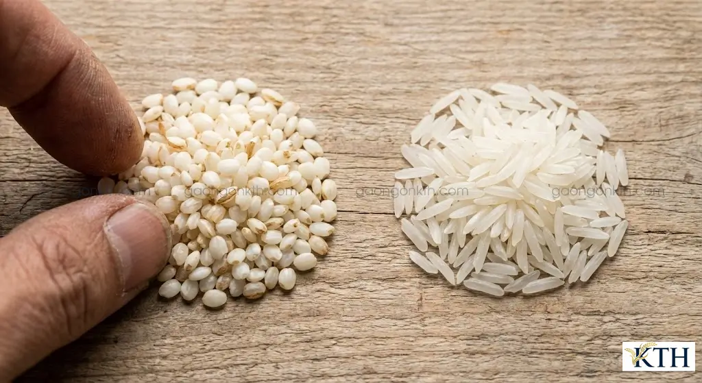 Cách phân biệt gạo nếp cái hoa vàng thật và giả qua hình dáng hạt tròn ngắn và màu trắng ngà đặc trưng.