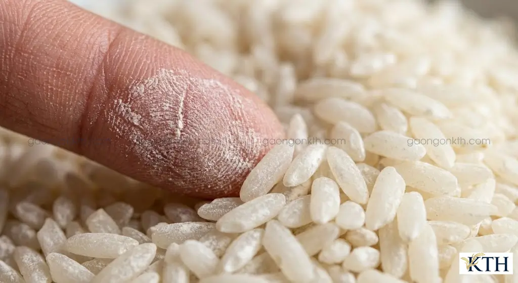 Gạo Séng Cù thật có lớp bụi cám dính tay, hạt màu trắng đục, không bóng loáng như gạo đánh bóng.