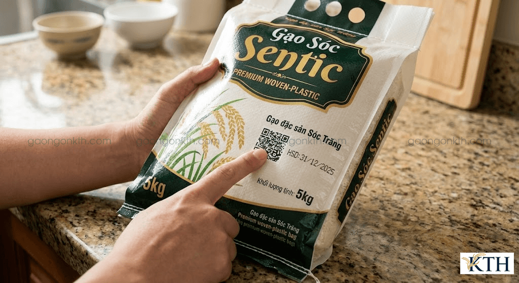 Cách kiểm tra bao bì gạo Sóc Sentic chính hãng có mã QR và hạn sử dụng rõ ràng.