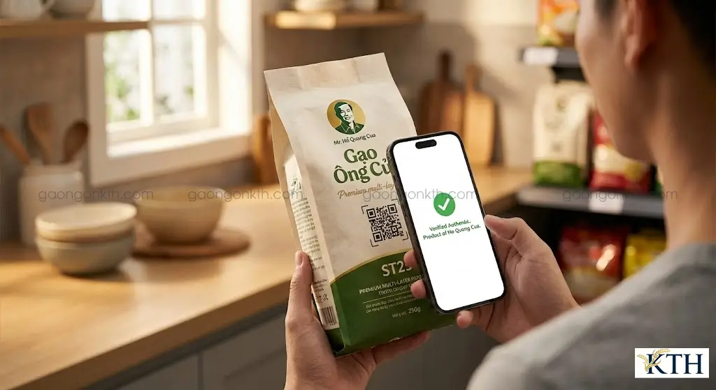 Hướng dẫn quét mã QR Code trên bao bì Gạo Ông Cua để phân biệt gạo ST25 thật và giả.