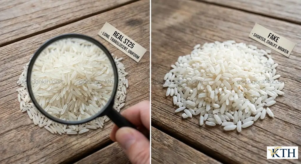 So sánh chi tiết hạt gạo ST25 thật (thon dài, trong) và gạo giả (đục, gãy) để tránh mua nhầm hàng kém chất lượng.