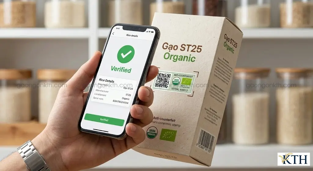 Cách kiểm tra gạo ST25 Organic thật giả bằng tem chống hàng giả iCheck và logo chứng nhận USDA EU.