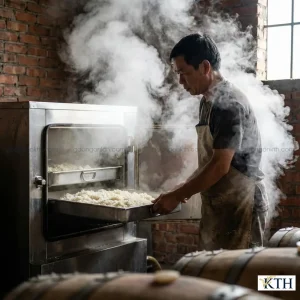 Kỹ thuật rắc men rượu đều tay lên cơm gạo tấm đã làm nguội để kích thích quá trình lên men đạt chuẩn.