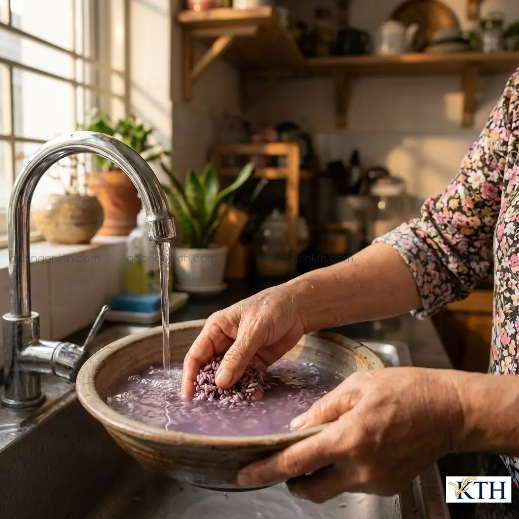 Hướng dẫn cách vo gạo lứt tím than nhẹ tay để giữ lại hoạt chất chống oxy hóa Anthocyanin màu tím.