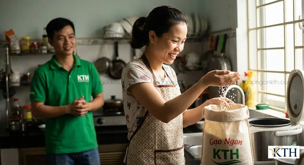 Khách hàng kiểm tra chất lượng gạo KTH ngay tại nhà và hài lòng với chính sách cam kết bao ăn, bao đổi trả miễn phí trong 7 ngày.