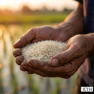 Cận cảnh bàn tay người nông dân đang nâng niu nắm gạo Khang Dân hạt thon nhỏ, màu trắng trong tự nhiên.