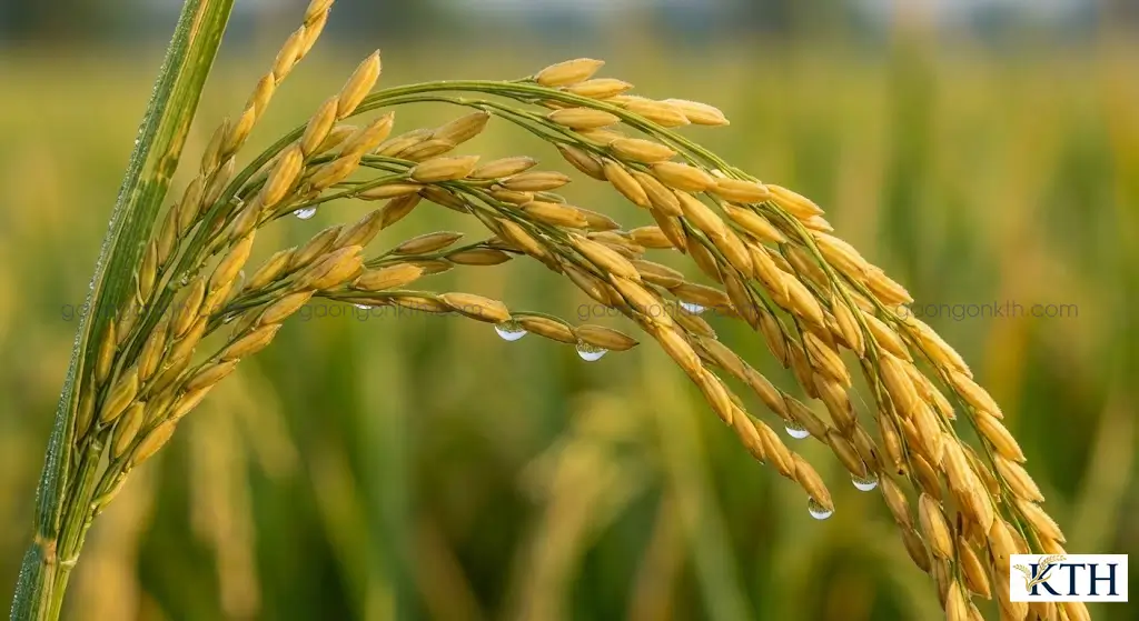 Cận cảnh bông lúa OM34 trĩu hạt, hạt lúa to chắc, sáng màu thể hiện tiềm năng năng suất 9 tấn/ha.