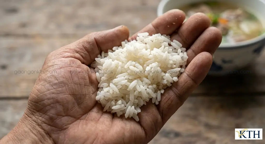 Cận cảnh trên tay nắm cơm Gạo 404 đã nấu chín cho thấy hạt cơm nở xốp, khô ráo và tơi rời không bị dính bết.