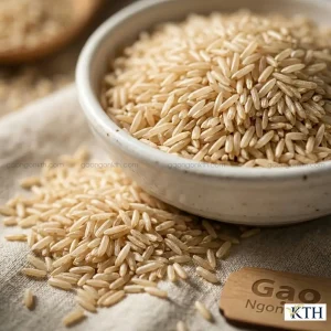 Cận cảnh chi tiết hạt Gạo Lứt Trắng Nàng Hoa dẻo thơm, nguyên cám, màu nâu sáng tự nhiên trong bát trắng, với ánh sáng làm nổi bật kết cấu bề mặt hạt gạo.