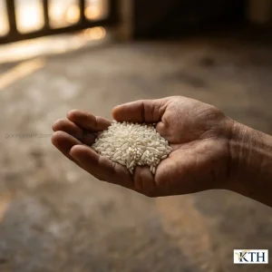 Cận cảnh hạt gạo nếp Thái Lan nhập khẩu trên tay người chuyên gia, hạt dài màu trắng đục không bị pha trộn.