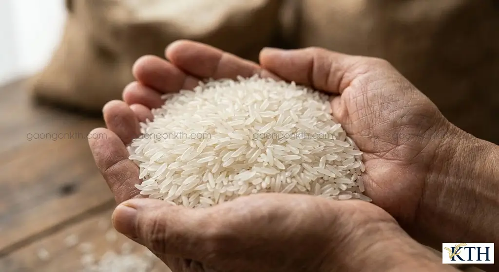 Cận cảnh hạt gạo trắng dài OM380 trong suốt ít bạc bụng đạt tiêu chuẩn xuất khẩu đi Philippines.