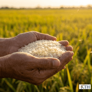 Cận cảnh hạt gạo Sa Mơ hạt nhỏ, màu trắng sữa trên tay người, thương hiệu Gạo Ngon KTH. Gạo Sa Mơ loại 1, mới, không dẻo, phù hợp làm bún phở.