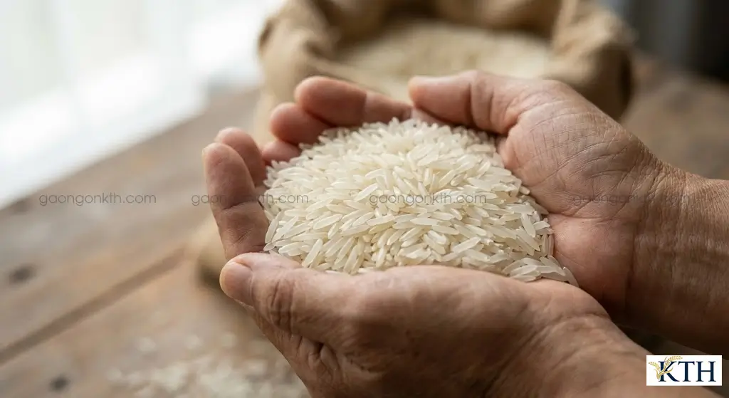Cận cảnh trên tay nắm gạo Sen Kro-Ob thon dài, màu trắng trong tự nhiên, hạt đều và ít tấm, thể hiện đặc trưng của giống lúa mùa Indica.