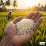Cận cảnh tay người nâng niu hạt gạo ST25 Lúa Tôm - Gạo Ngon KTH, hạt dài, trắng trong, không bạc bụng.