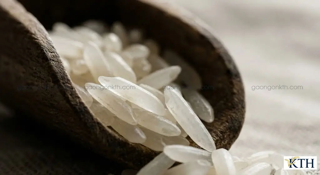 Cận cảnh hạt gạo trắng hạt dài thon thả kích thước trên 6mm màu trắng trong tự nhiên không hóa chất.