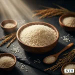 Cận cảnh muỗng gỗ múc đầy hạt gạo Nàng Hương Chợ Đào, thấy rõ màu trắng đục và hình dáng thon dài đặc trưng của gạo tiến Vua.