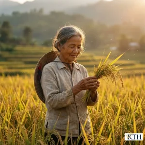 Chuyên gia nông nghiệp kiểm tra chất lượng lúa gạo lứt hữu cơ tại vùng nguyên liệu sạch.