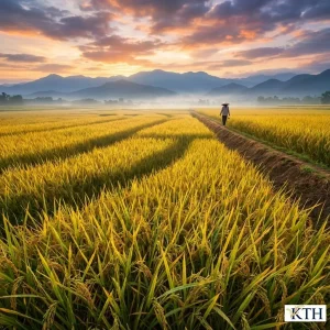 Phong cảnh cánh đồng lúa Khang Dân chín vàng chuẩn bị vào mùa gặt tại Việt Nam dưới ánh bình minh kịch tính.
