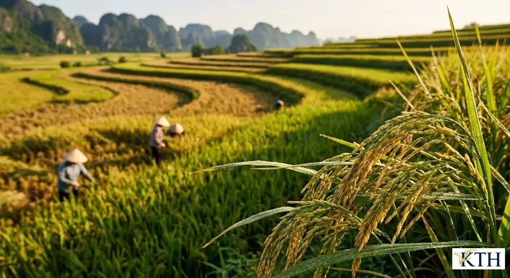 Cánh đồng lúa nếp cái hoa vàng trổ bông phấn vàng đặc trưng tại vùng nguyên liệu Kinh Môn Hải Dương vụ mùa tháng 10.