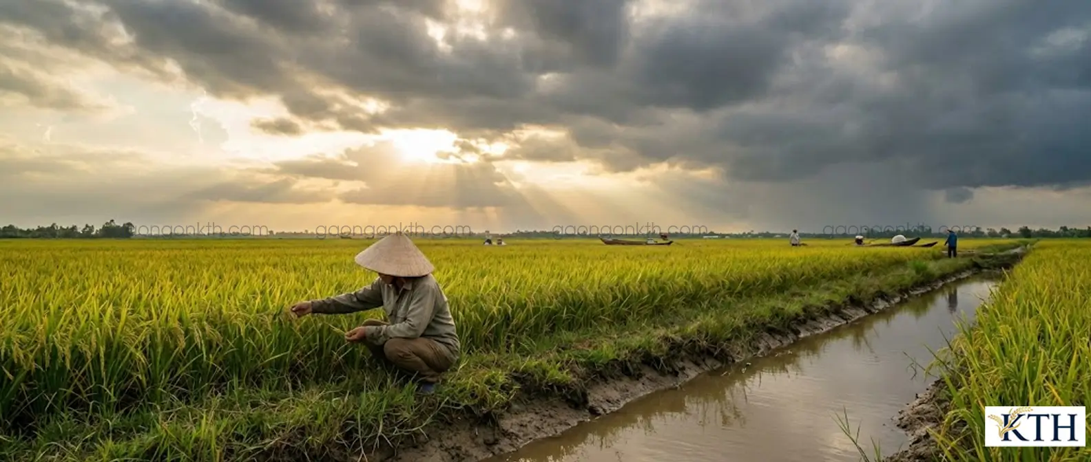 Nông dân miền Tây thu hoạch lúa OM18 trên cánh đồng chịu phèn mặn tại Đồng Bằng Sông Cửu Long.