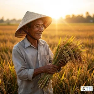 Nông dân ĐBSCL phấn khởi bên cánh đồng lúa OM34 chín vàng, bông lúa trĩu hạt, năng suất đạt 9 tấn/ha nhờ khả năng chịu phèn mặn tốt.