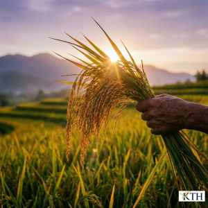 Bông lúa ST25 chín vàng trên cánh đồng Sóc Trăng, được thu hoạch thủ công để đảm bảo giữ trọn hương vị tự nhiên.