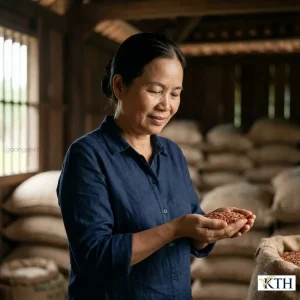 CEO Đỗ Thị Nga Xô của Gạo Ngon KTH trực tiếp kiểm tra chất lượng gạo lứt huyết rồng nguyên liệu.