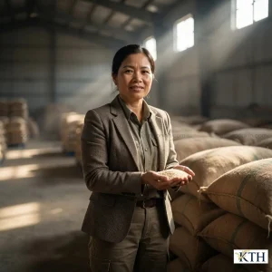 CEO Gạo Ngon KTH Đỗ Thị Nga Xô kiểm tra chất lượng gạo tấm Hàm Châu tại kho trước khi phân phối.