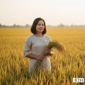 CEO Đỗ Thị Nga Xô của Gạo Ngon KTH đang kiểm tra chất lượng lúa OM 5451 tại vùng nguyên liệu Đồng bằng sông Cửu Long.