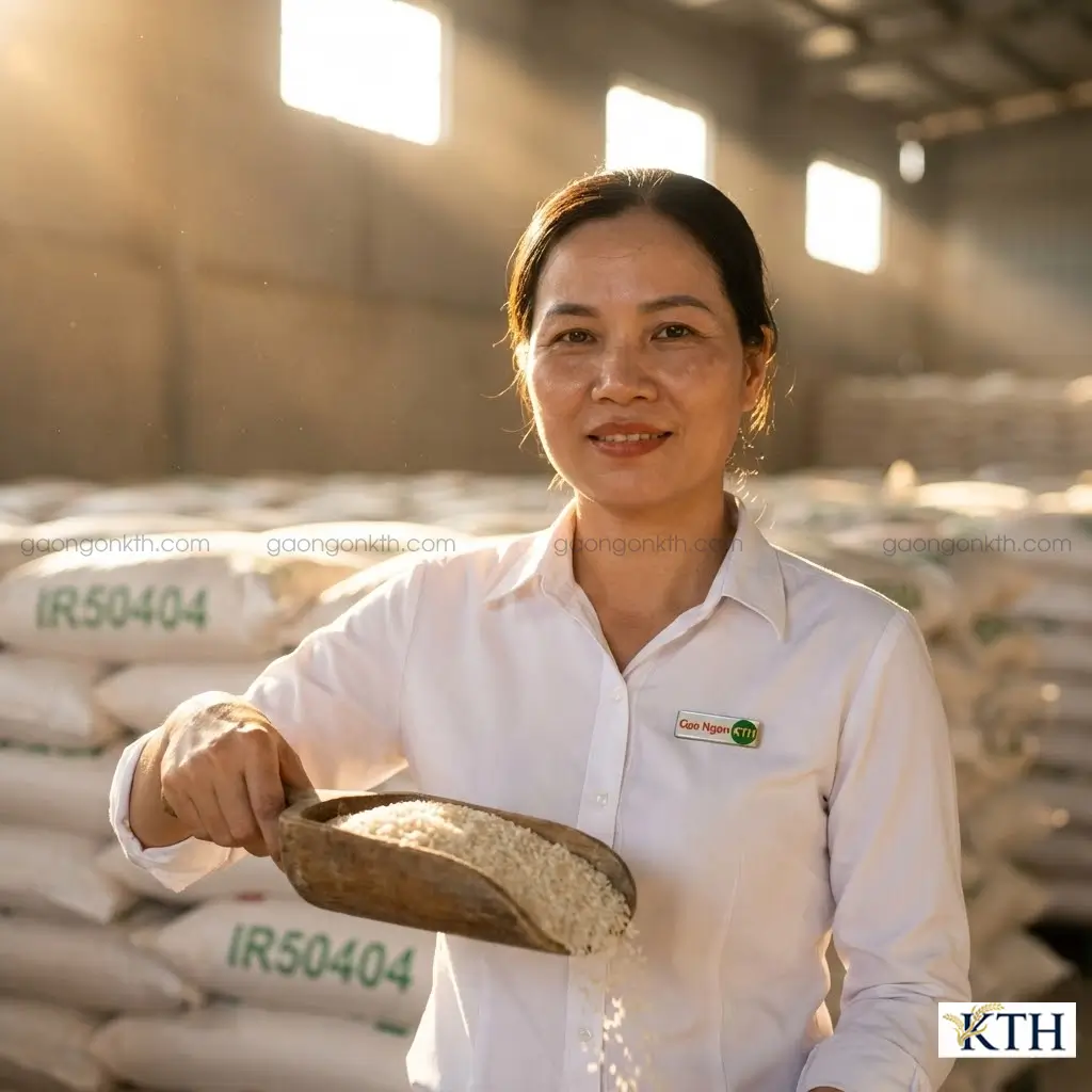 CEO Đỗ Thị Nga Xô kiểm tra chất lượng gạo 504 (IR50404) tại kho Gạo Ngon KTH uy tín Hồ Chí Minh.