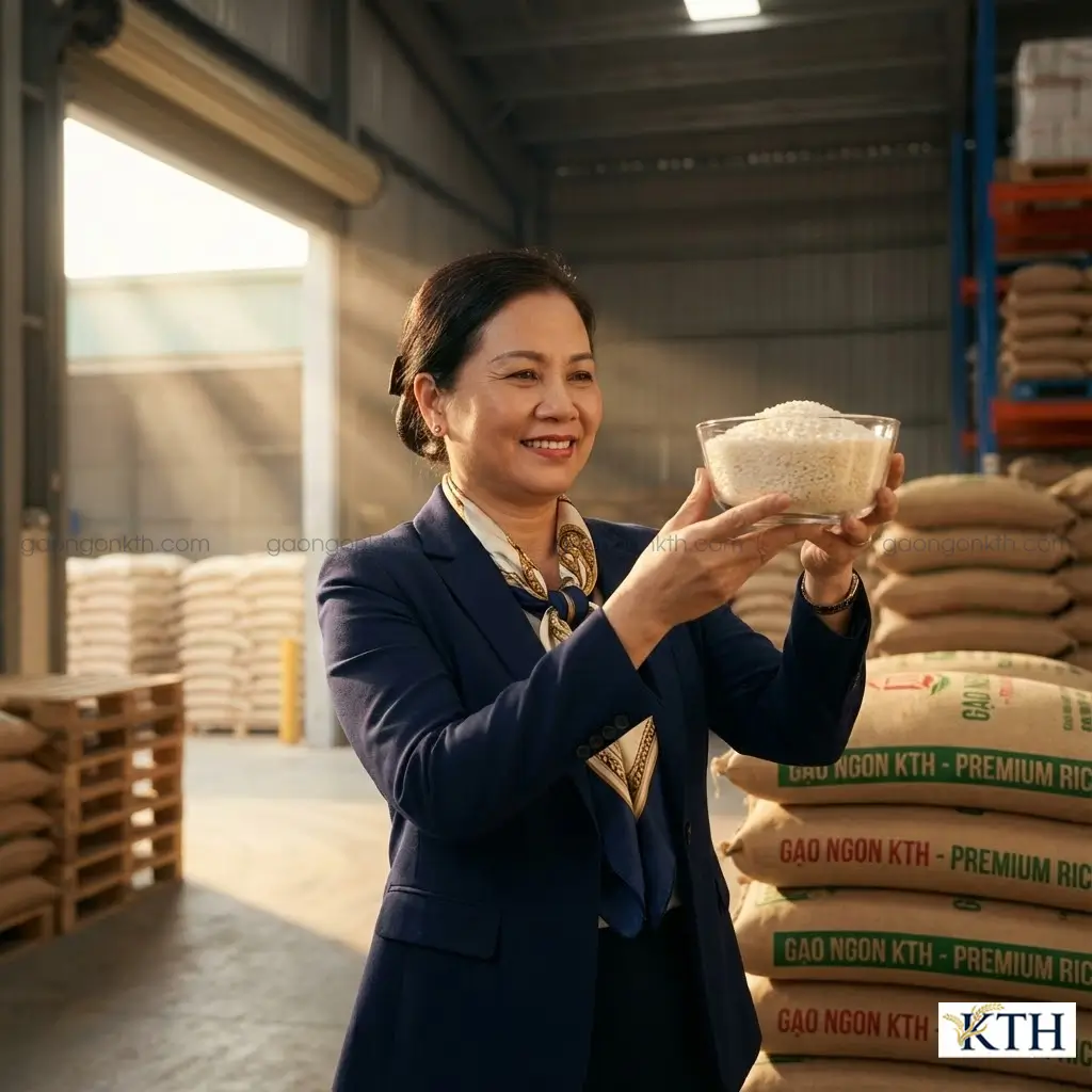 CEO Đỗ Thị Nga Xô của Gạo Ngon KTH trực tiếp kiểm tra chất lượng gạo nếp Thái Lan nhập khẩu tại kho.